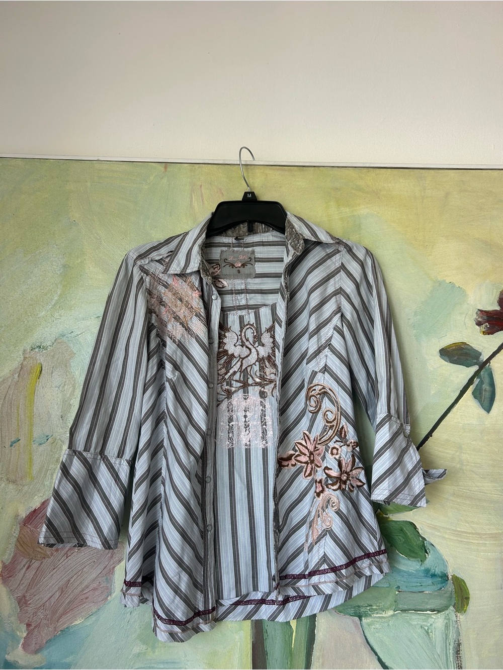 Pink Lily Gray and White Striped Embroidered Button-Down Top